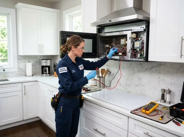 Appliance Repair Hero technician testing an over-the-range microwave in a Bonsall, CA kitchen