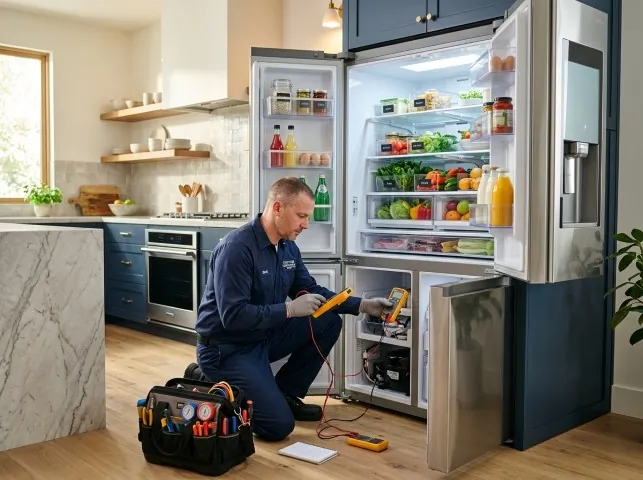 Appliance Repair Hero refrigerator technician testing a fridge on a Bonsall, CA service call